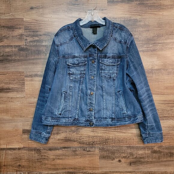 Lane Bryant Denim Jacket Plus Size 24 Ripped Medium Dark Wash Stretch Western - Picture 1 of 10